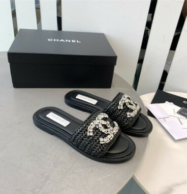 Chanel rhinestone double C artificial woven sandals and slippers
