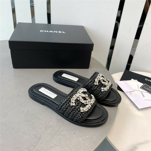 Chanel rhinestone double C artificial woven sandals and slippers