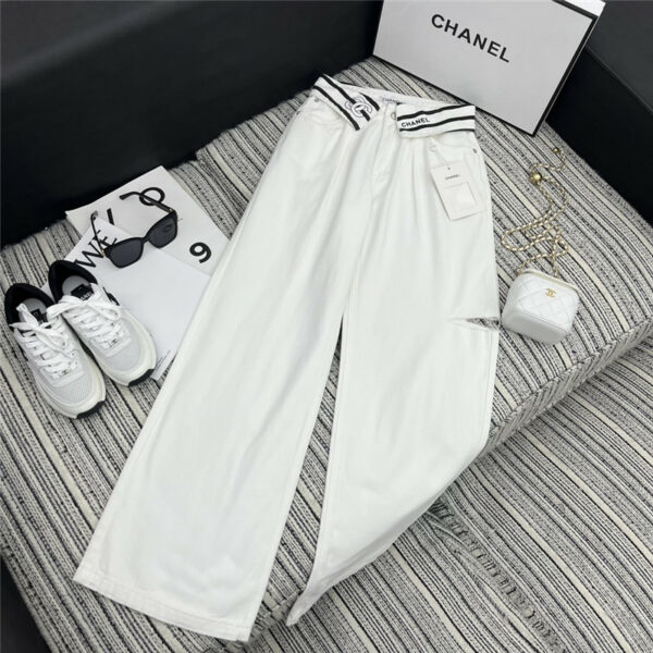 Chanel striped logo print turned-up denim wide-leg pants
