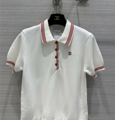 CHANEL red and white line Polo knitted top