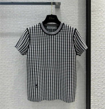 Dior black and white small plaid knitted short-sleeved top