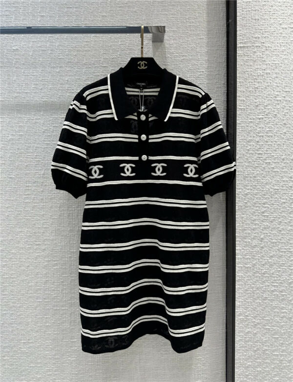 Chanel contrast color striped lapel knitted dress