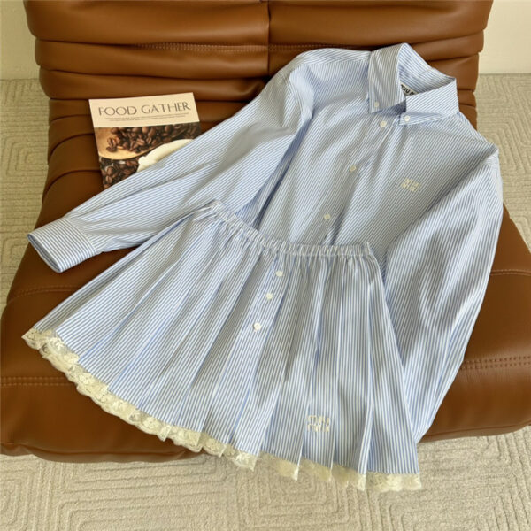 miumiu lace stitching striped shirt + pleated skirt