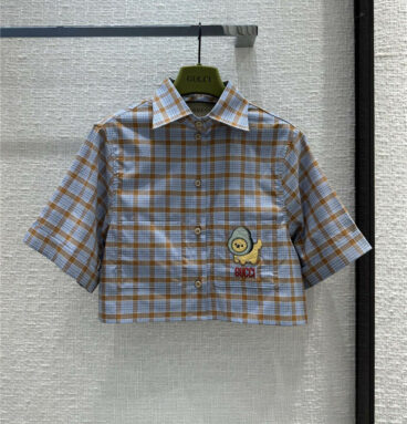 gucci avocado puppy embroidered check short-sleeved shirt