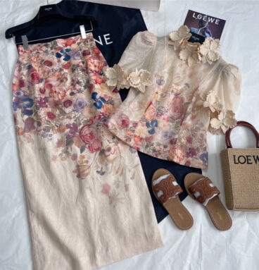 Zimm Linen Floral Top + High Waist Pack Hip Skirt