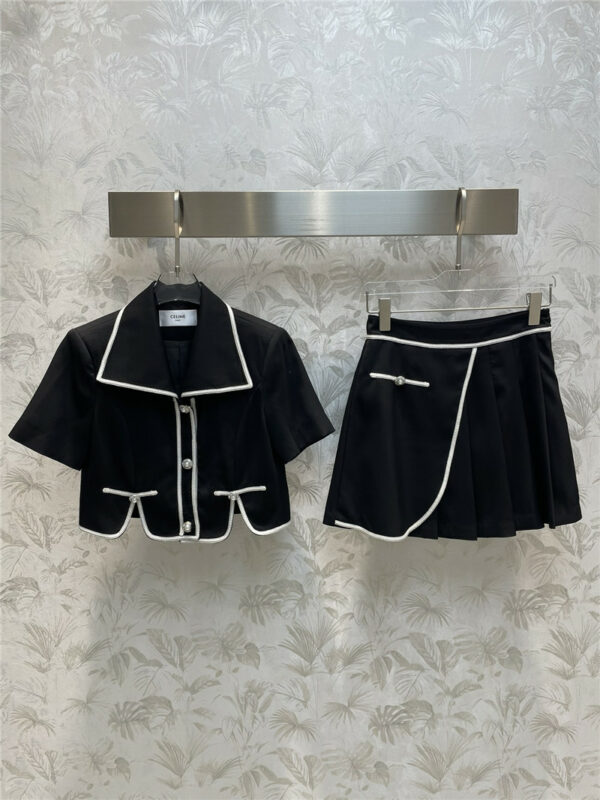 celine color contrast short-sleeved jacket + pleated skirt