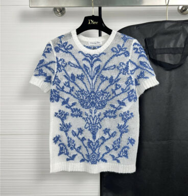 dior flower embroidery cashmere knit short sleeve top