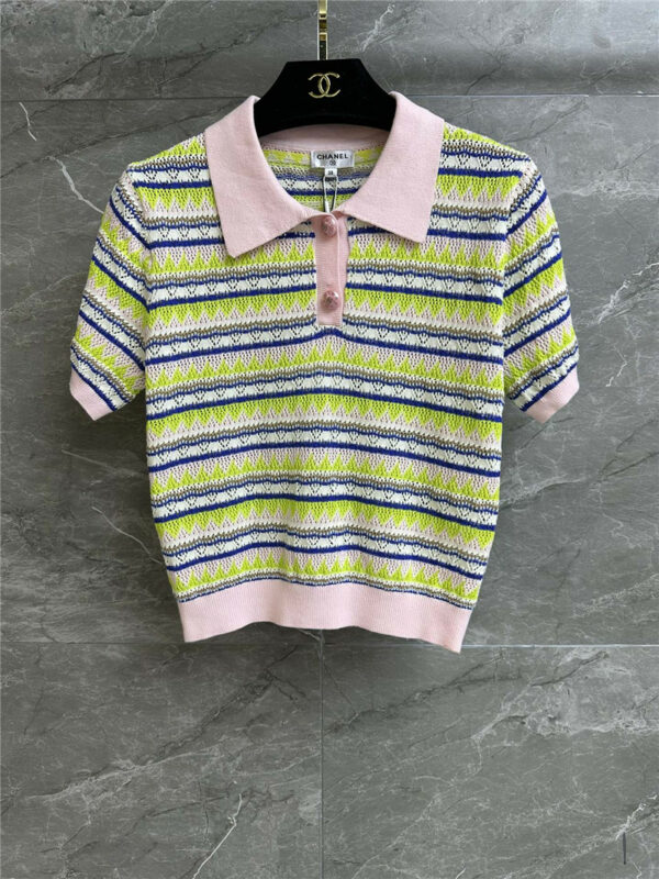 chanel logo round neck striped knitted top