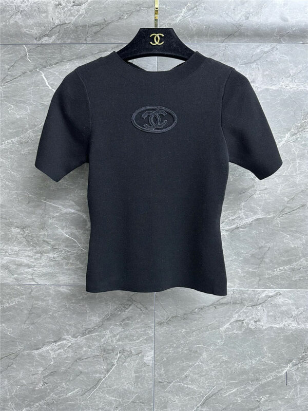 chanel logo round neck embroidered top
