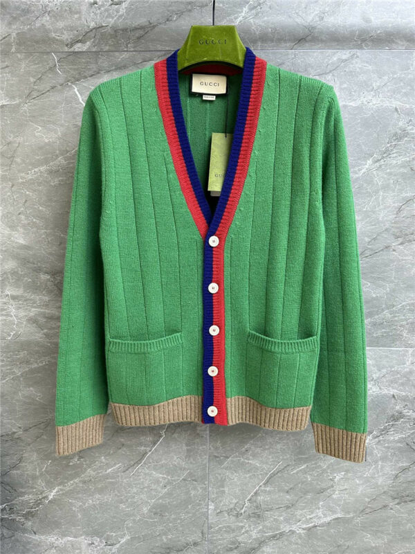 gucci green V-neck ribbed knit cardigan
