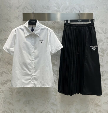 Prada short-sleeved shirt + pleated skirt