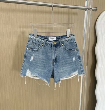 Chanel embroidered letter pocket ripped denim shorts