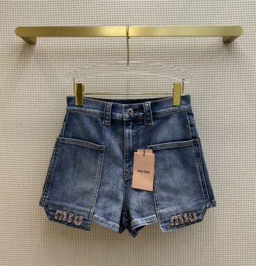miumiu letter rhinestone embellished denim shorts