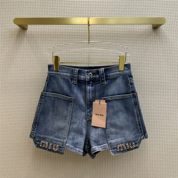 miumiu letter rhinestone embellished denim shorts