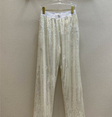 Chanel white sequin straight leg wide leg pants