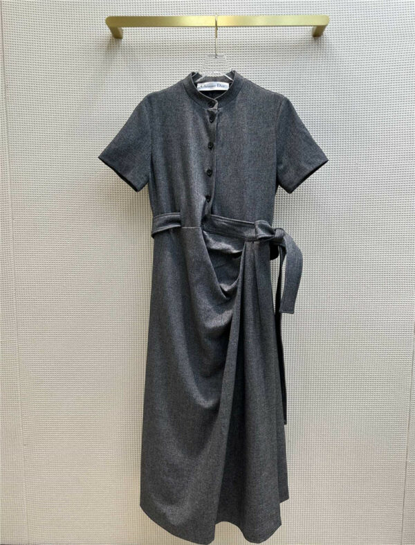 Dior high-end gray small stand collar pleated dress