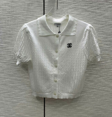 Chanel puff sleeve polo collar knitted short-sleeved cardigan