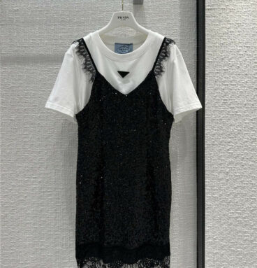 Prada fake two-piece white T splicing black sequined lace dress