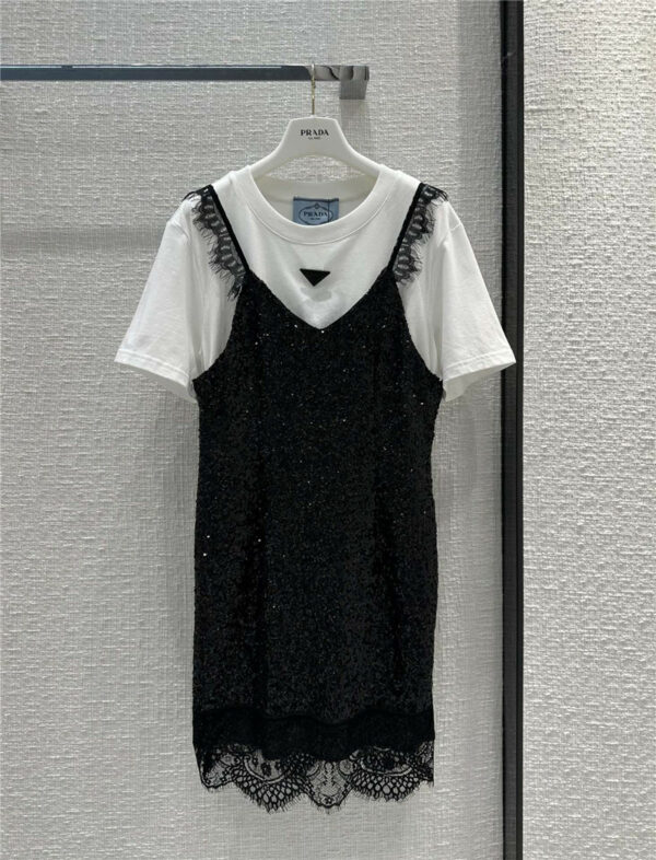 Prada fake two-piece white T splicing black sequined lace dress