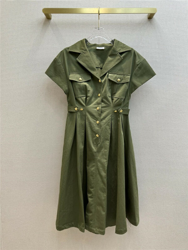 celine army green lapel collar button down pleated shirt dress