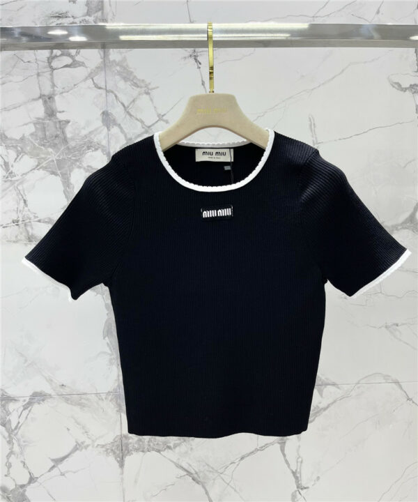 miumiu Ladies Embroidered Logo Lace Cropped Top