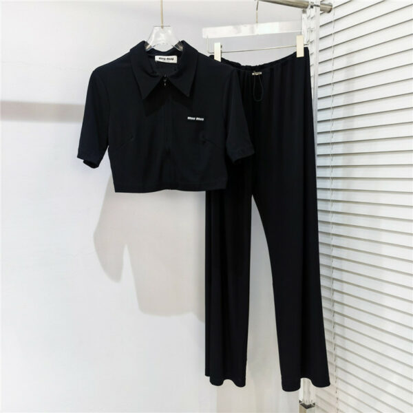 miumiu Polo short sleeve + drape elastic waist trousers