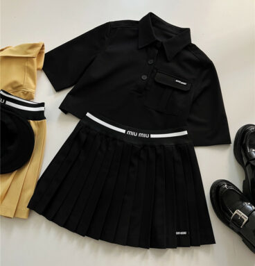 miumiu short embroidered top + pleated skirt set