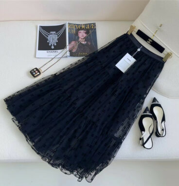Chanel new logo flocking mesh elastic waist long skirt
