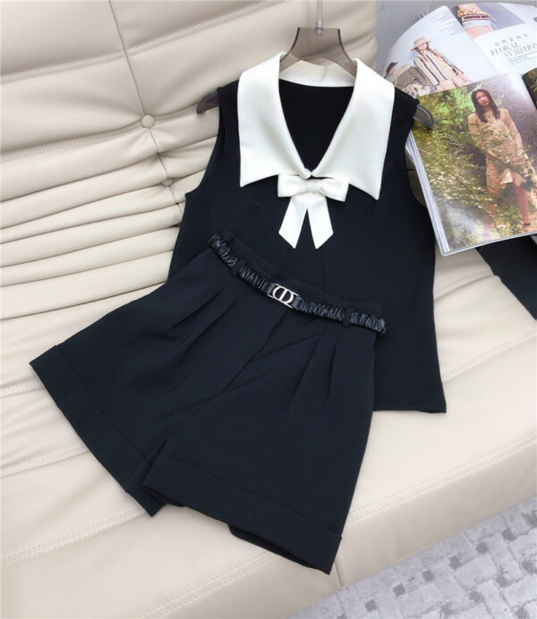 dior color contrast bow top + high waist shorts suit