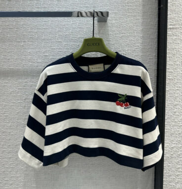 gucci cherry embroidery striped short sleeve top