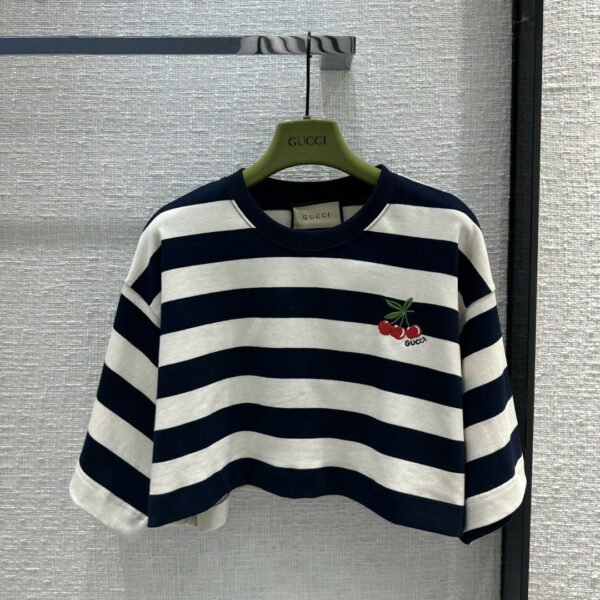 gucci cherry embroidery striped short sleeve top