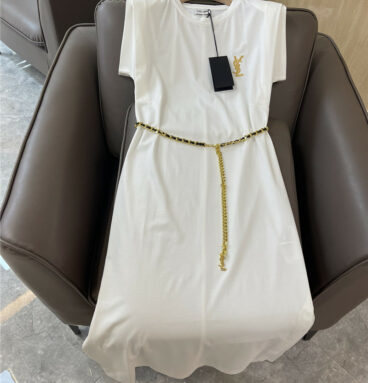 YSL metal chain belt cotton short-sleeved T-shirt dress