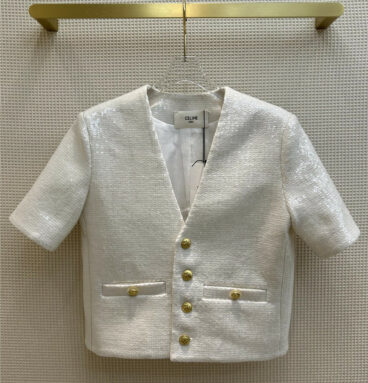 celine white sequins V-neck short-sleeved jacket