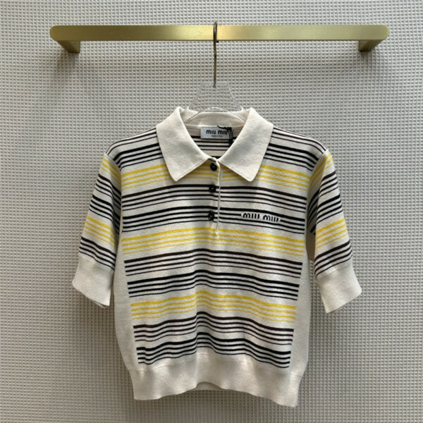 miumiu Contrast color striped knitted polo collar T-shirt