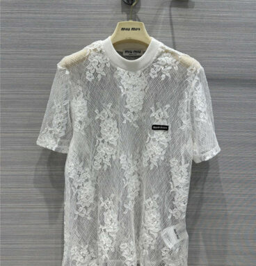 miumiu white jacquard lace short-sleeved top