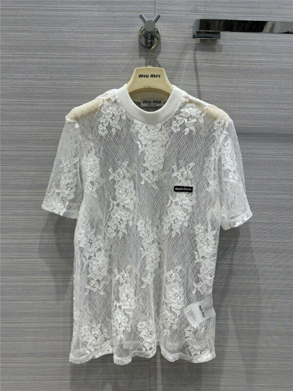 miumiu white jacquard lace short-sleeved top