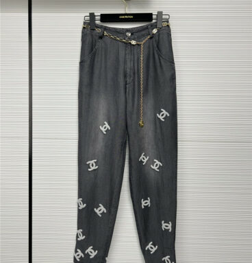 Chanel double C letter towel embroidery denim trousers