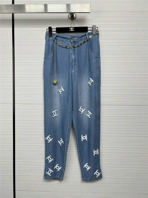 Chanel double C letter towel embroidery denim trousers
