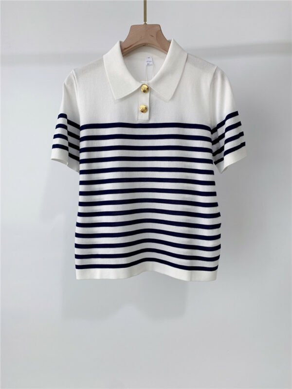 celine lapel gold button striped knitted short-sleeved T-shirt