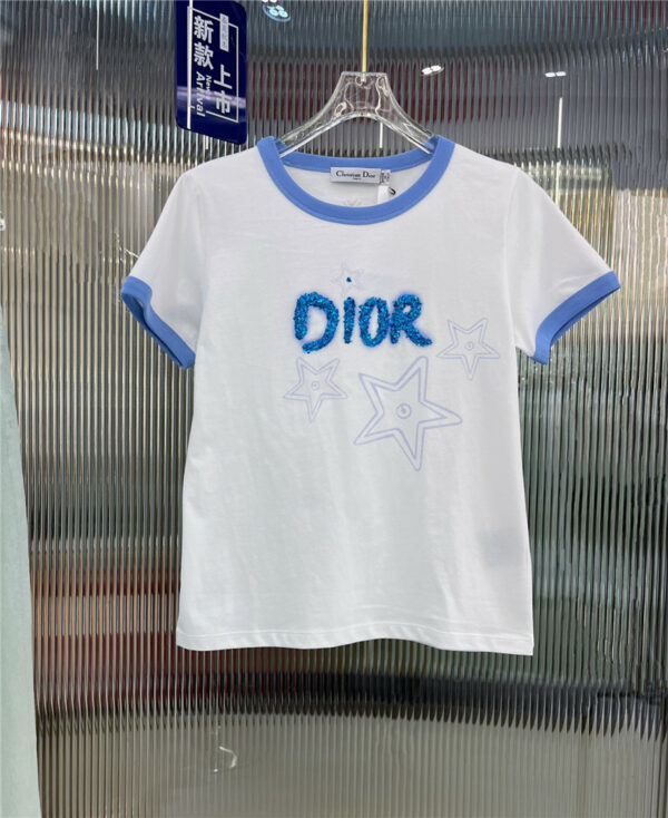 Dior hand-beaded diamond letter logo round neck T-shirt
