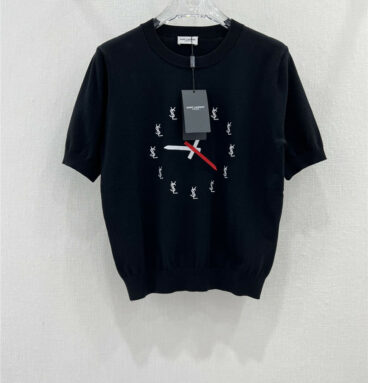 YSL Clock Embroidered Logo Round Neck Knitted Short Sleeves