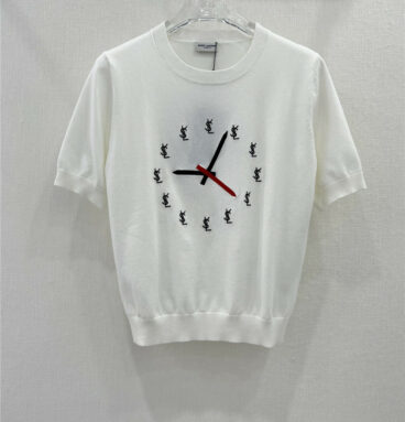YSL Clock Embroidered Logo Round Neck Knitted Short Sleeves