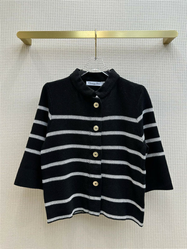 Dior navy style blue and white striped stand collar wool cardigan