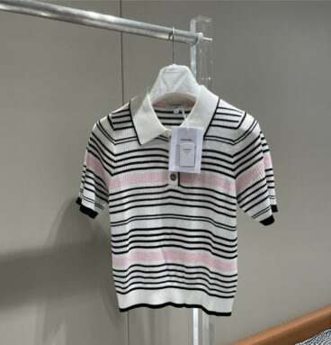 Chanel contrast color striped lapel knitted short-sleeved top