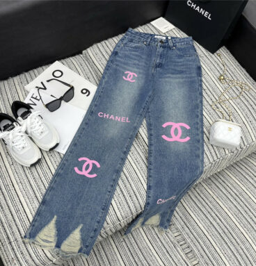 Chanel new pink double C logo printed denim straight pants