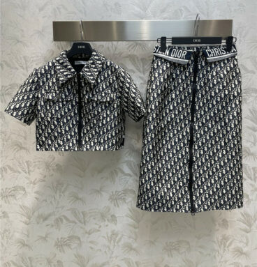 Dior Lapel Short Top + Contrast Color Jacquard Skirt Set