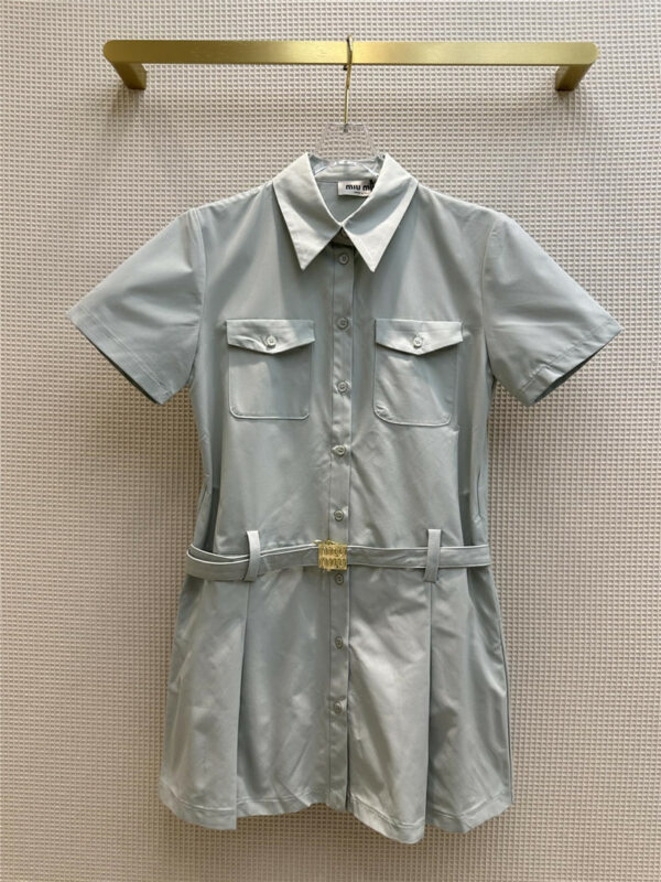 miumiu belted pleated shirt dress