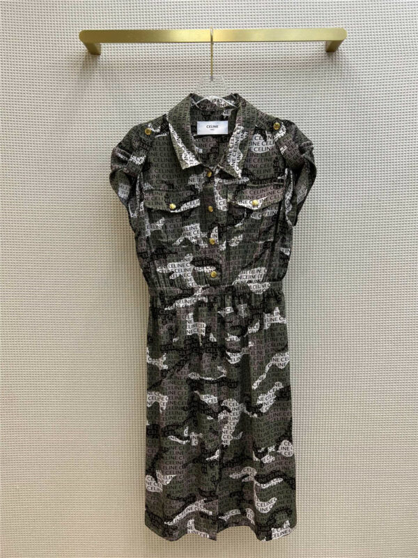 celine camouflage logo letter print lapel elastic waist dress