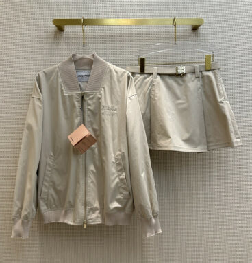 miumiu Khaki Letter Logo Jacket + Pleated Skirt Set