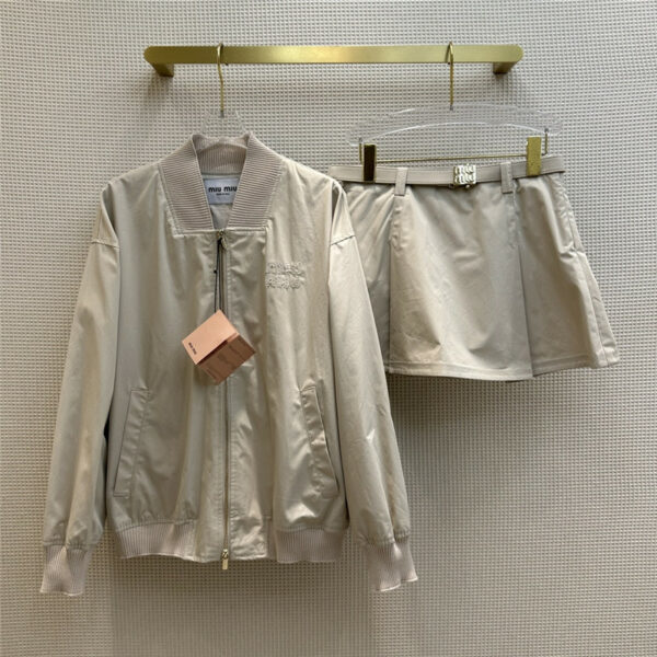 miumiu Khaki Letter Logo Jacket + Pleated Skirt Set